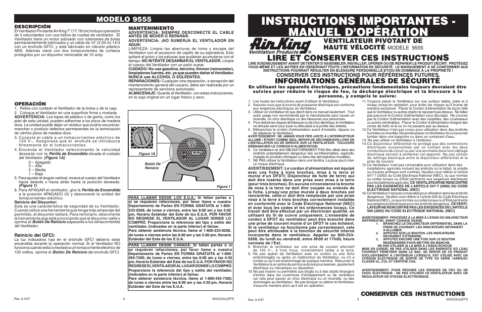 Instructions importantes - manuel d’opération, Lire et conserver ces instruction, Modelo 9555 | Informations générales de sécurité, Ventilateur pivotant de haute vélocité, Conserver ces instructions, Modèle 9555, Conserver ces instructions pour références futures | Air King 9555 User Manual | Page 3 / 4