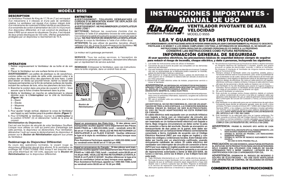 Instrucciones importantes - manual de uso, Lea y guarde estas instrucciones, Ventilador pivotante de alta velocidad | Información general de seguridad, Modèle 9555, Conserve estas instrucciones, Modelo 9555, Conserve las instrucciones como futura referencia, Description, Entretien | Air King 9555 User Manual | Page 4 / 4