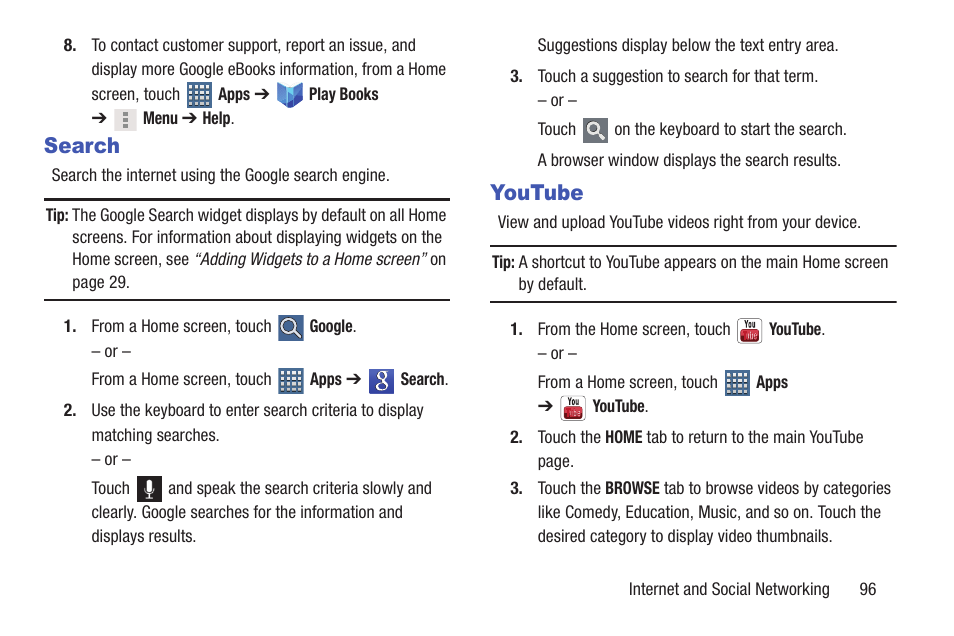 Search, Youtube, Search youtube | Aking. for more information, refer to, For more | Samsung GT-P7510FKYXAR User Manual | Page 101 / 258