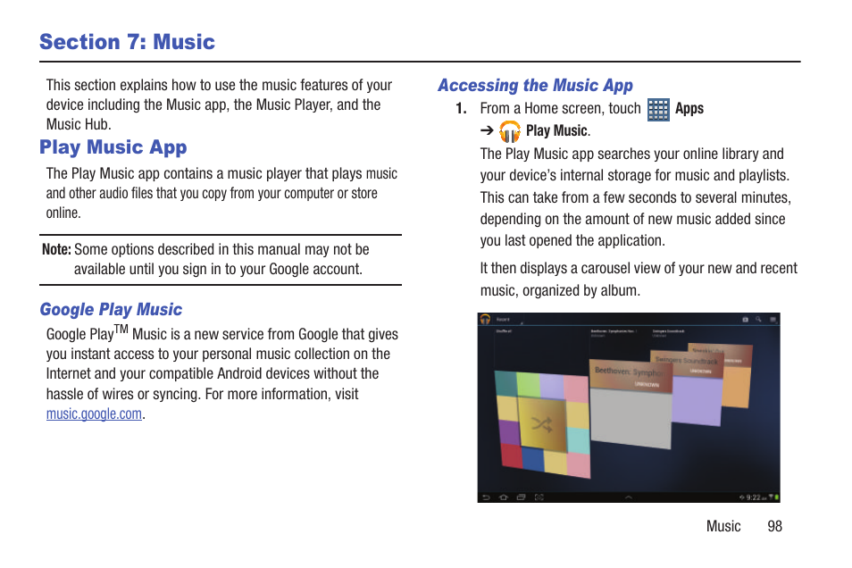 Section 7: music, Play music app | Samsung GT-P7510FKYXAR User Manual | Page 103 / 258