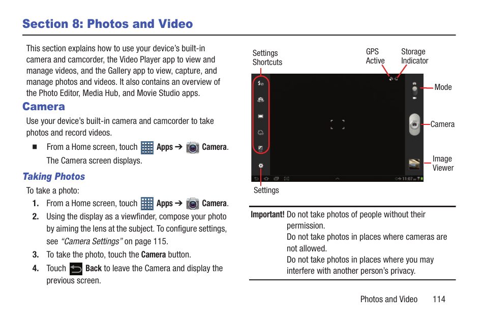 Section 8: photos and video, Camera | Samsung GT-P7510FKYXAR User Manual | Page 119 / 258