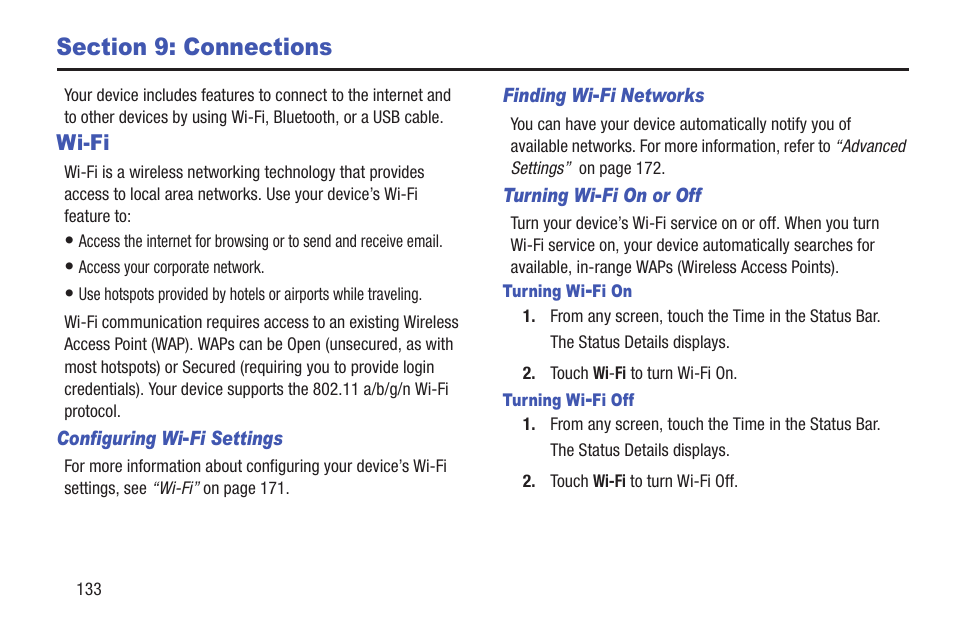 Section 9: connections, Wi-fi | Samsung GT-P7510FKYXAR User Manual | Page 138 / 258