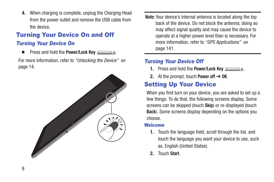 Turning your device on and off, Setting up your device | Samsung GT-P7510FKYXAR User Manual | Page 14 / 258