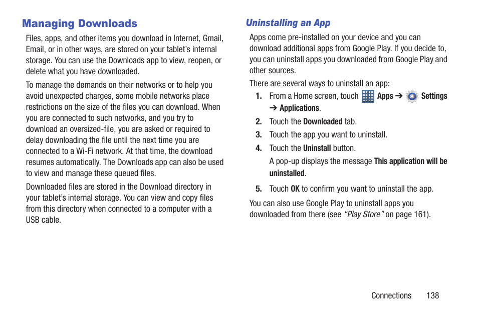 Managing downloads | Samsung GT-P7510FKYXAR User Manual | Page 143 / 258