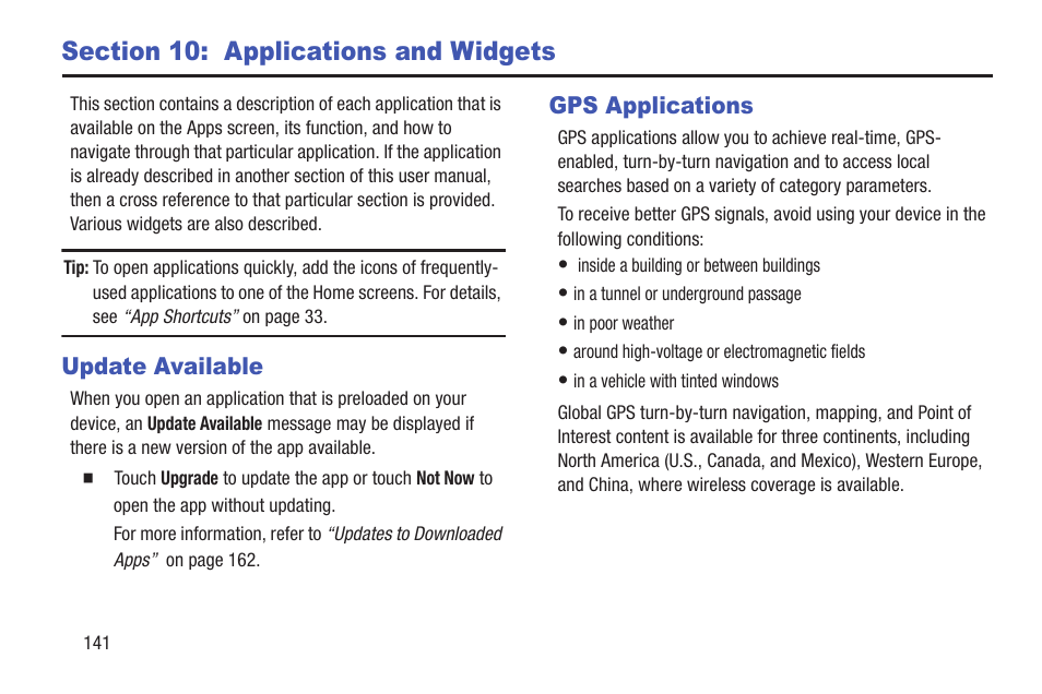 Section 10: applications and widgets, Update available, Gps applications | Update available gps applications | Samsung GT-P7510FKYXAR User Manual | Page 146 / 258