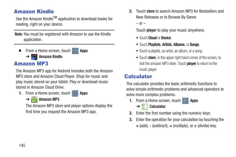 Amazon kindle, Amazon mp3, Calculator | Amazon kindle amazon mp3 calculator, For more information, refer to “amazon mp3” on | Samsung GT-P7510FKYXAR User Manual | Page 150 / 258