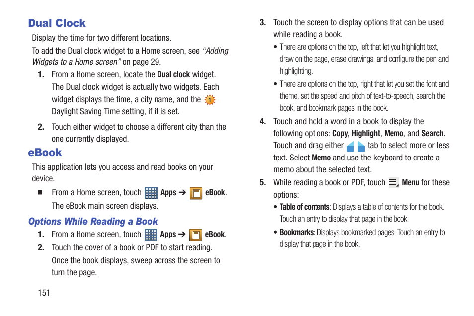 Dual clock, Ebook, Dual clock ebook | S. for more information, refer to “dual | Samsung GT-P7510FKYXAR User Manual | Page 156 / 258