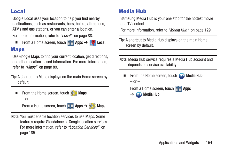 Local, Maps, Media hub | Local maps media hub | Samsung GT-P7510FKYXAR User Manual | Page 159 / 258