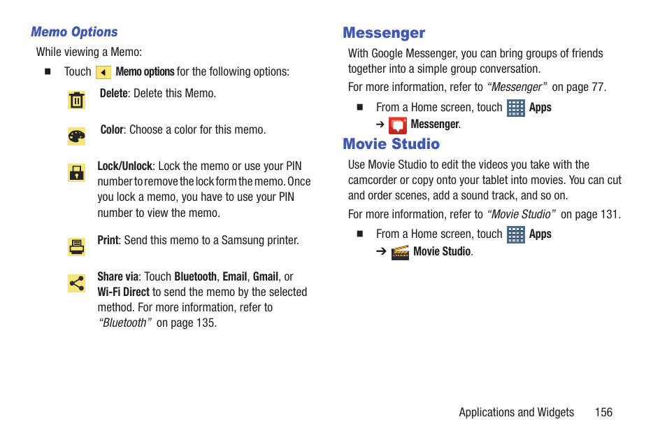 Messenger, Movie studio, Messenger movie studio | Samsung GT-P7510FKYXAR User Manual | Page 161 / 258