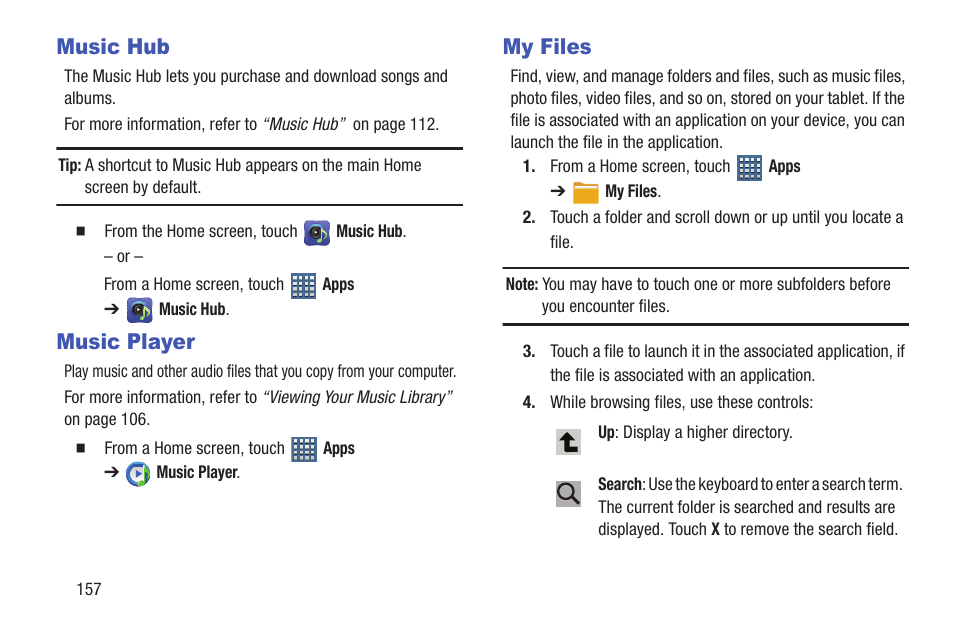 Music hub, Music player, My files | Music hub music player my files | Samsung GT-P7510FKYXAR User Manual | Page 162 / 258