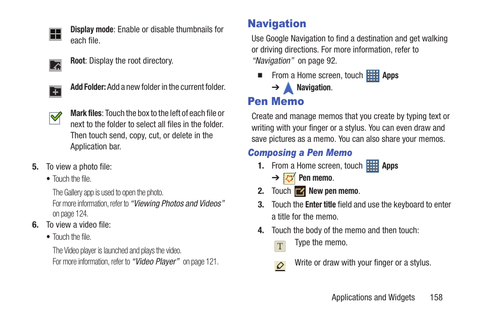 Navigation, Pen memo, Navigation pen memo | Samsung GT-P7510FKYXAR User Manual | Page 163 / 258