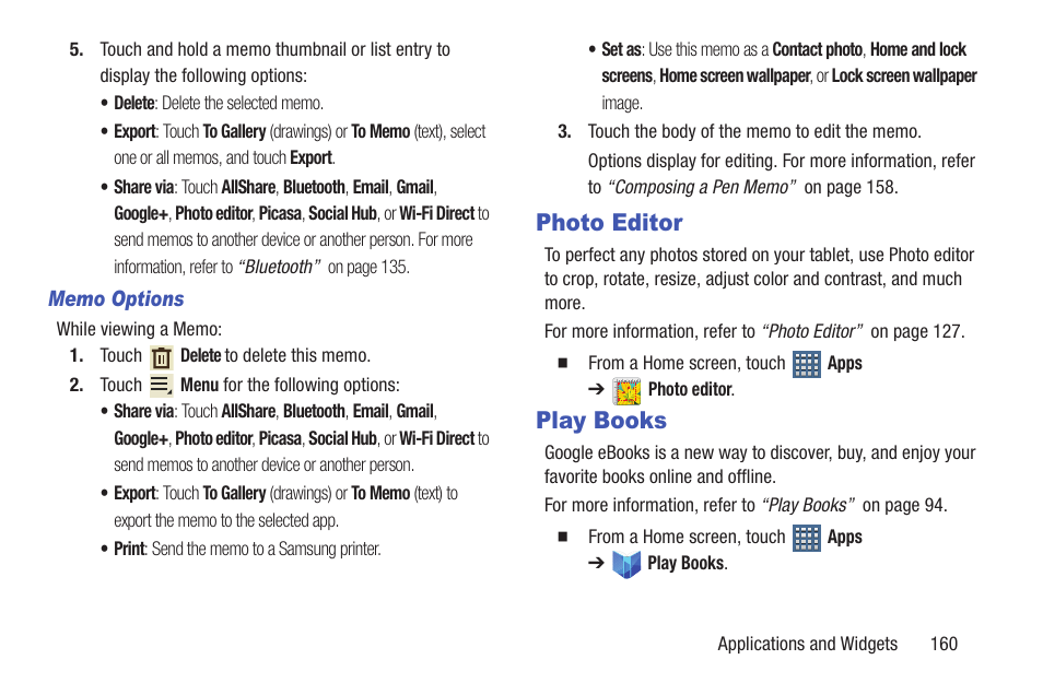Photo editor, Play books, Photo editor play books | Samsung GT-P7510FKYXAR User Manual | Page 165 / 258