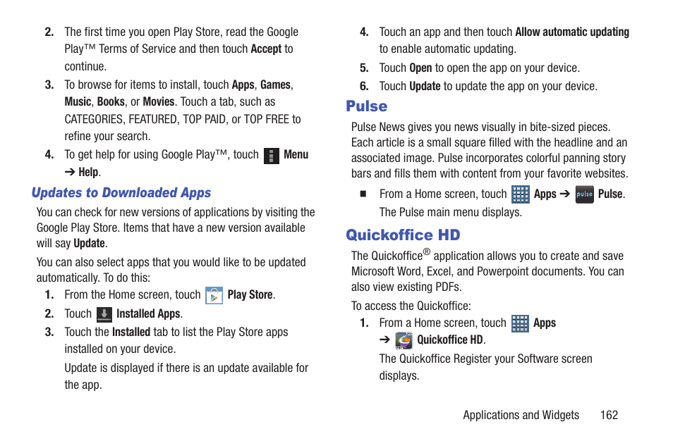 Pulse, Quickoffice hd, Pulse quickoffice hd | E. for more information, refer to “pulse, For more information, refer to | Samsung GT-P7510FKYXAR User Manual | Page 167 / 258