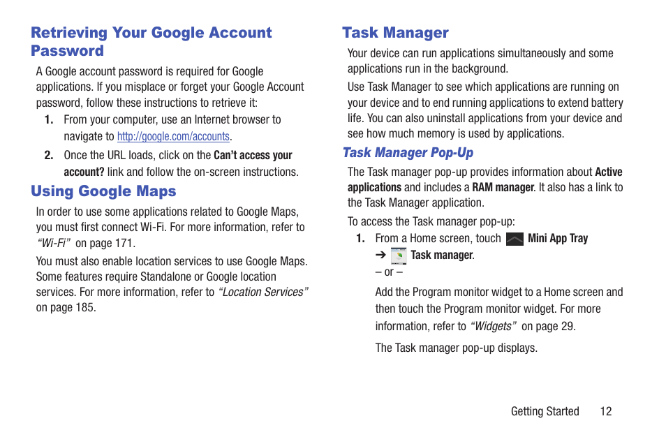 Retrieving your google account password, Using google maps, Task manager | Samsung GT-P7510FKYXAR User Manual | Page 17 / 258