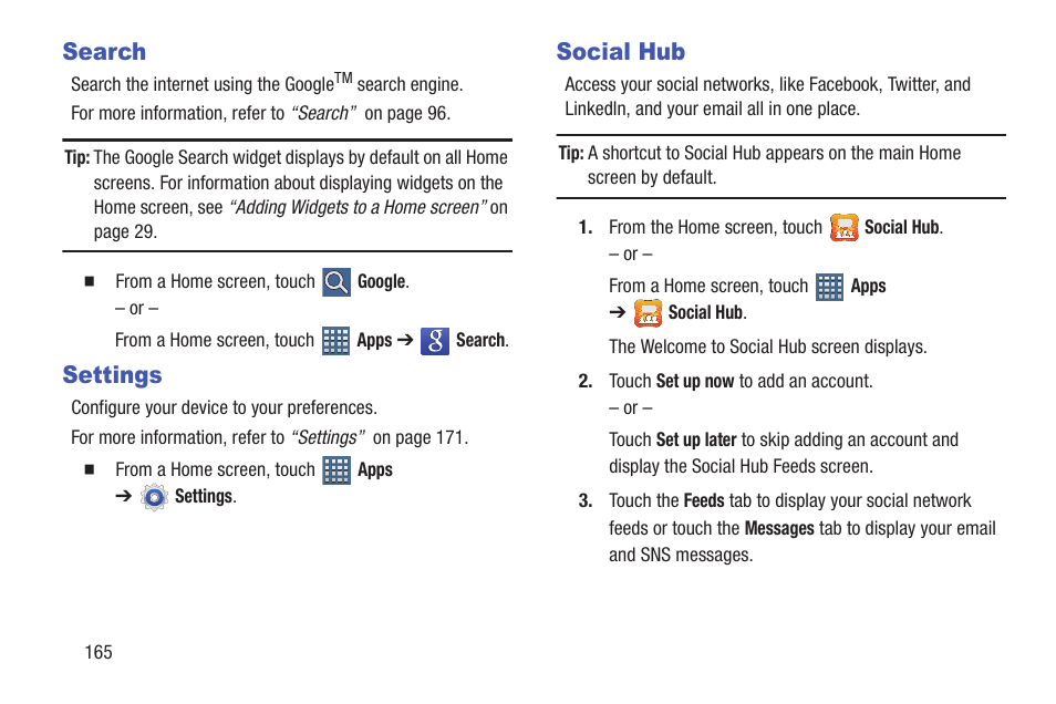 Search, Settings, Social hub | Search settings social hub, One place. for more information | Samsung GT-P7510FKYXAR User Manual | Page 170 / 258