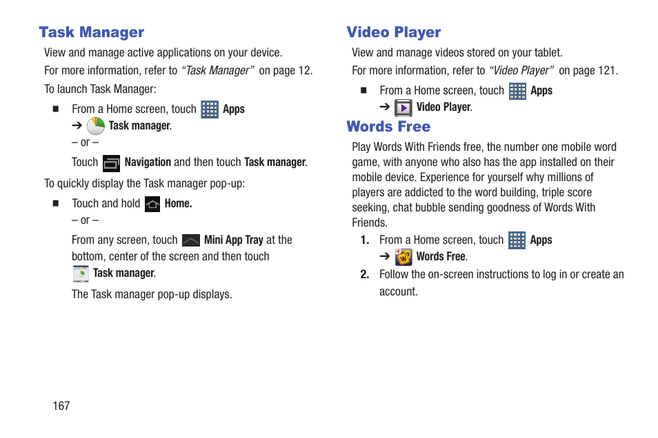 Task manager, Video player, Words free | Task manager video player words free | Samsung GT-P7510FKYXAR User Manual | Page 172 / 258