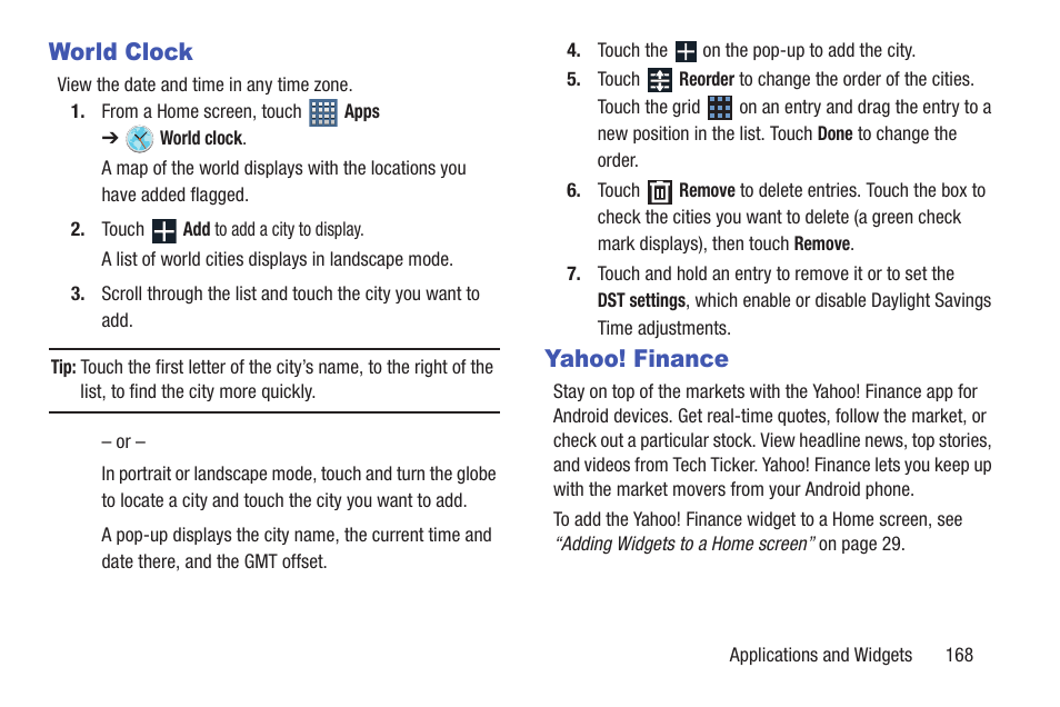 World clock, Yahoo! finance, World clock yahoo! finance | Ocks. for more | Samsung GT-P7510FKYXAR User Manual | Page 173 / 258