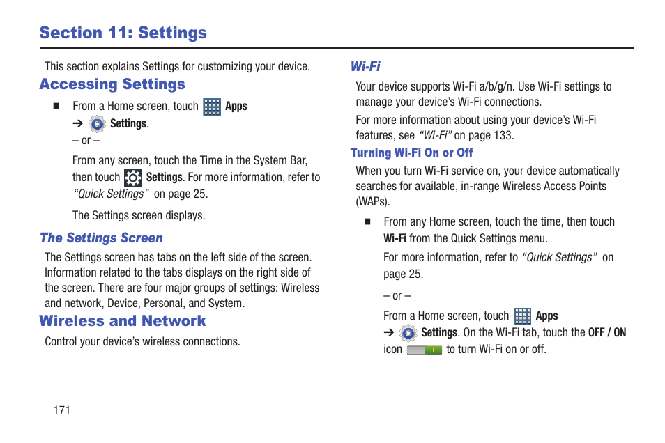 Section 11: settings, Accessing settings, Wireless and network | Accessing settings wireless and network, For more, I. for more information, N. for more, For more information, refer to “settings” on | Samsung GT-P7510FKYXAR User Manual | Page 176 / 258