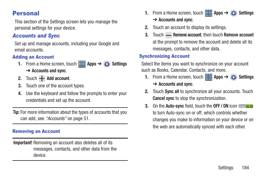 Personal, Ttings. for, More information, refer to “accounts and sync” on | Samsung GT-P7510FKYXAR User Manual | Page 189 / 258