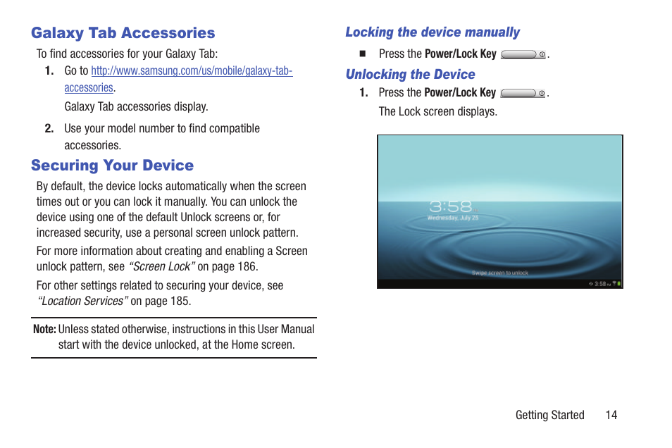 Galaxy tab accessories, Securing your device, Galaxy tab accessories securing your device | Samsung GT-P7510FKYXAR User Manual | Page 19 / 258