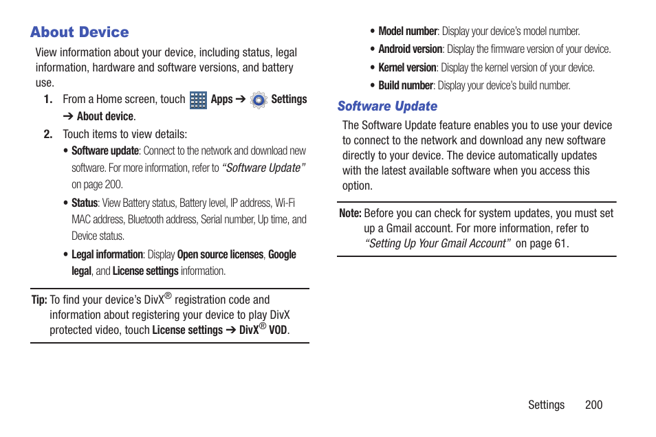 About device, For more information, refer to “software | Samsung GT-P7510FKYXAR User Manual | Page 205 / 258