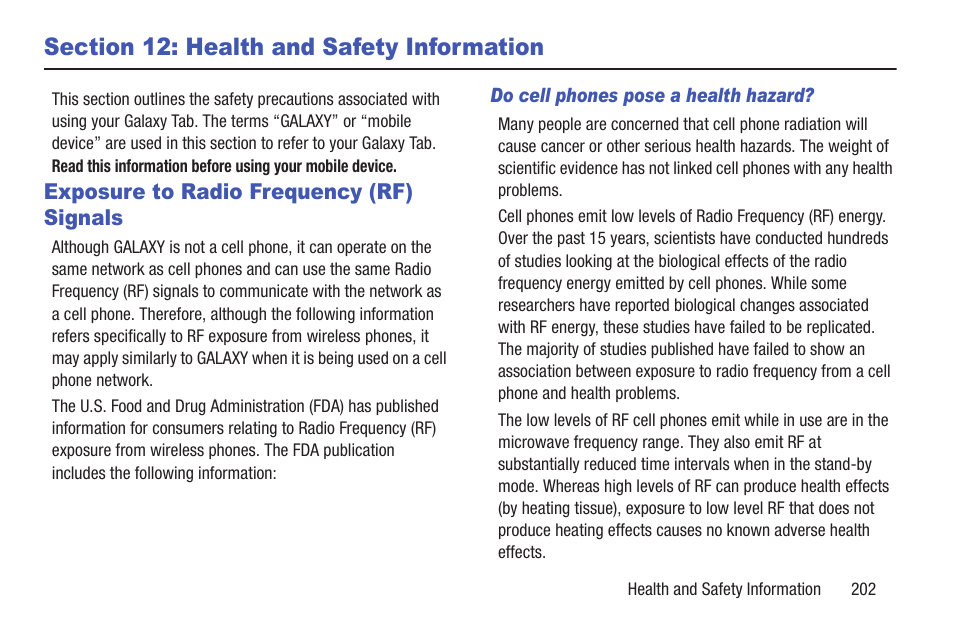 Section 12: health and safety information, Exposure to radio frequency (rf) signals, Section 12: health and safety | Information | Samsung GT-P7510FKYXAR User Manual | Page 207 / 258