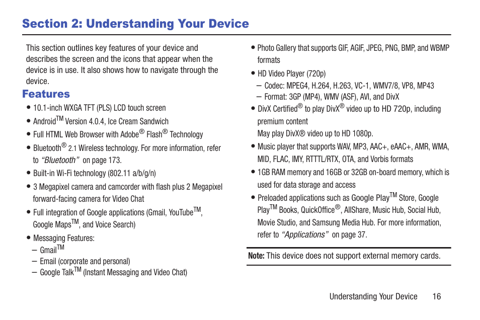 Section 2: understanding your device, Features | Samsung GT-P7510FKYXAR User Manual | Page 21 / 258