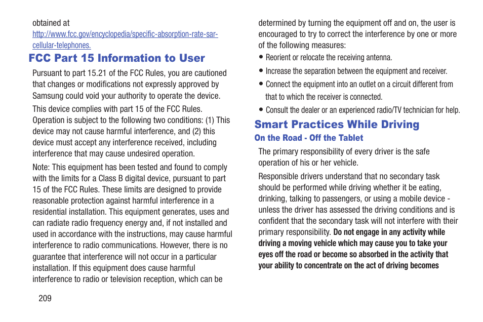 Fcc part 15 information to user, Smart practices while driving | Samsung GT-P7510FKYXAR User Manual | Page 214 / 258