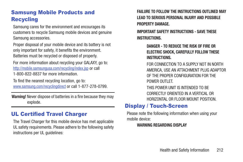 Samsung mobile products and recycling, Ul certified travel charger, Display / touch-screen | Samsung GT-P7510FKYXAR User Manual | Page 217 / 258