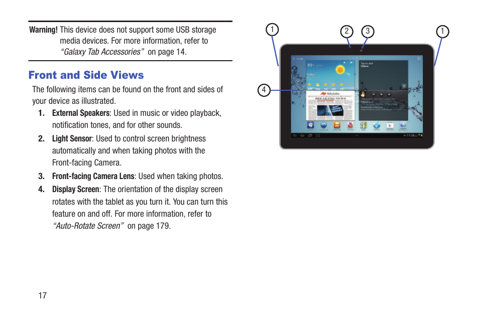 Front and side views | Samsung GT-P7510FKYXAR User Manual | Page 22 / 258