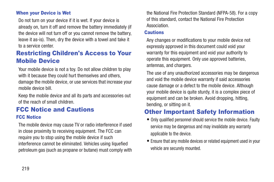 Fcc notice and cautions, Other important safety information, Restricting children's access to your | Mobile device | Samsung GT-P7510FKYXAR User Manual | Page 224 / 258