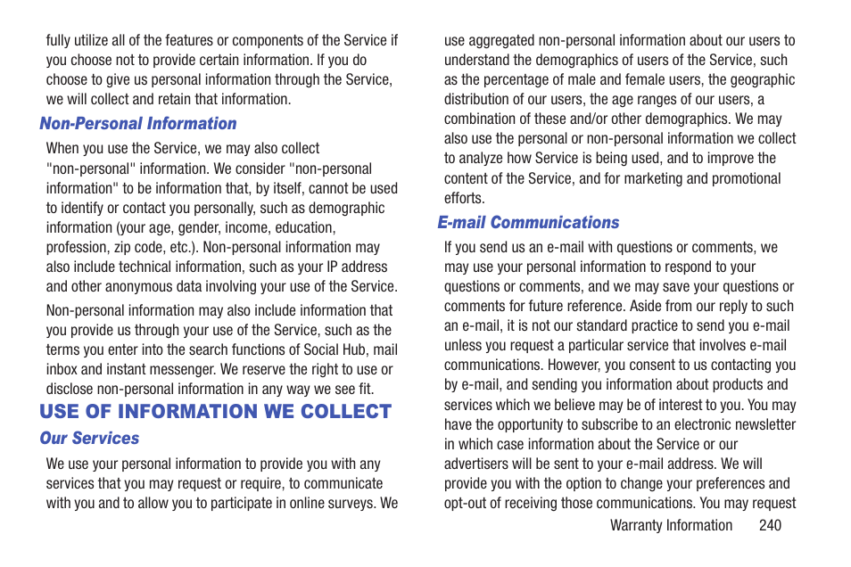 Use of information we collect | Samsung GT-P7510FKYXAR User Manual | Page 245 / 258