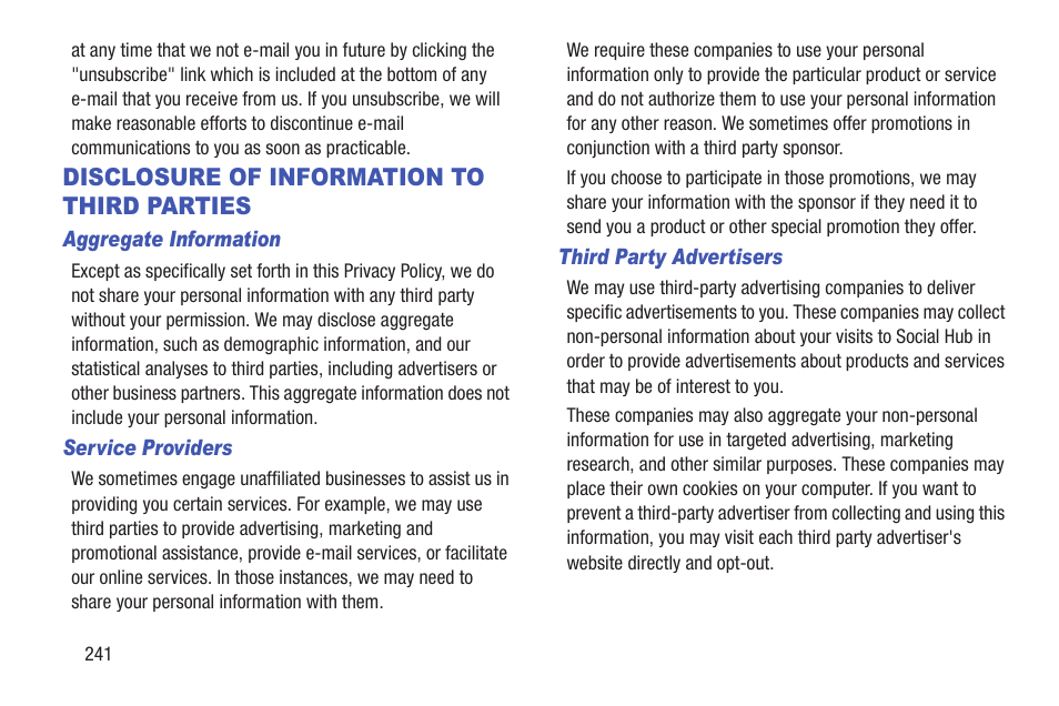 Disclosure of information to third parties, Disclosure of information to, Third parties | Samsung GT-P7510FKYXAR User Manual | Page 246 / 258