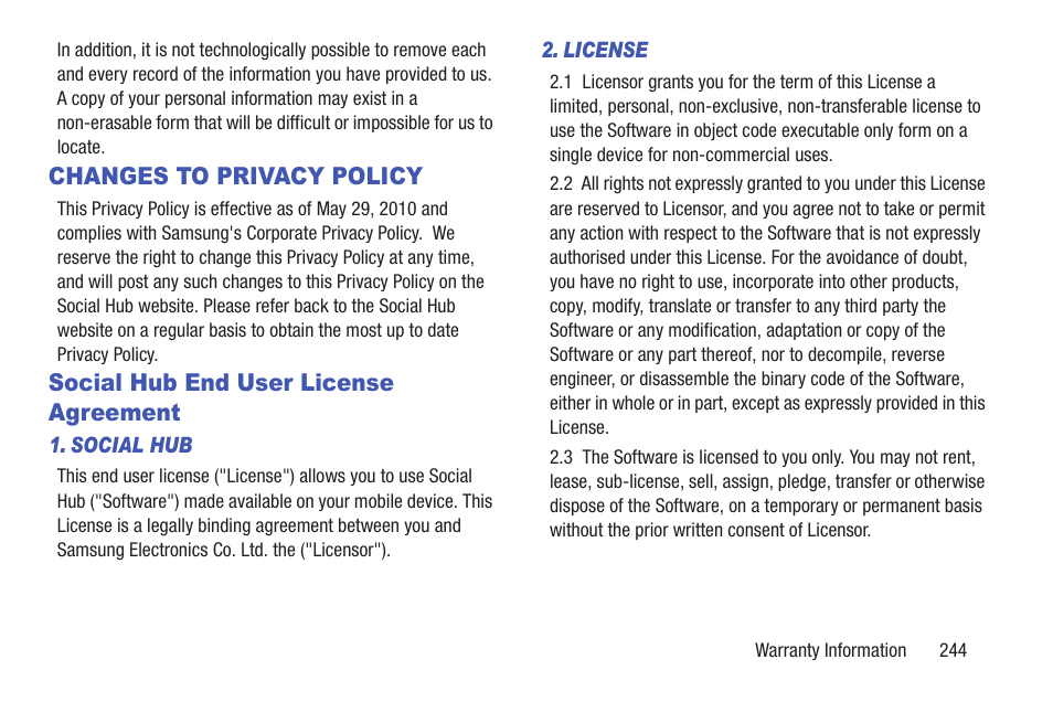 Changes to privacy policy, Social hub end user license agreement | Samsung GT-P7510FKYXAR User Manual | Page 249 / 258