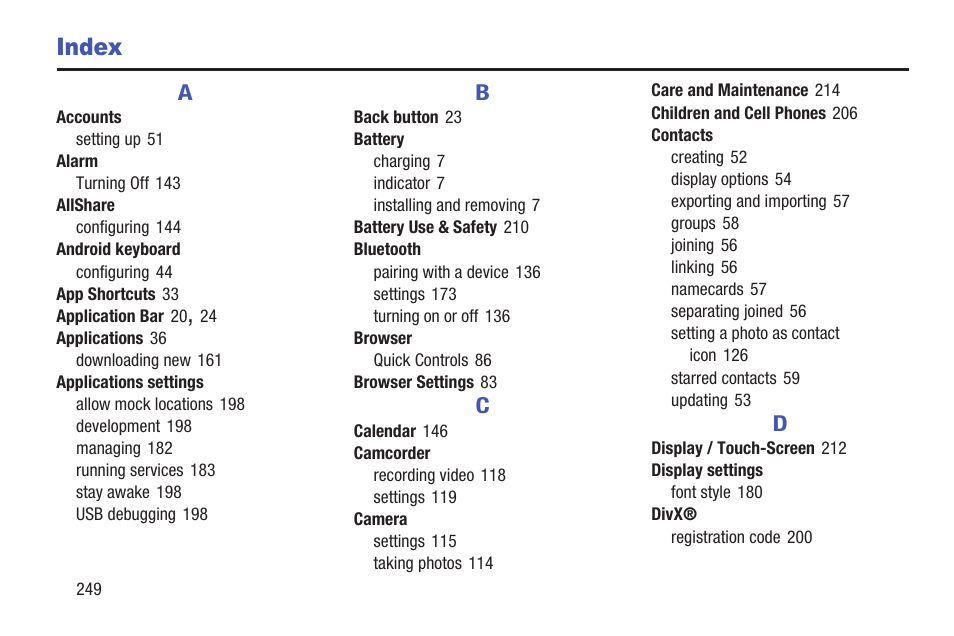 Index | Samsung GT-P7510FKYXAR User Manual | Page 254 / 258