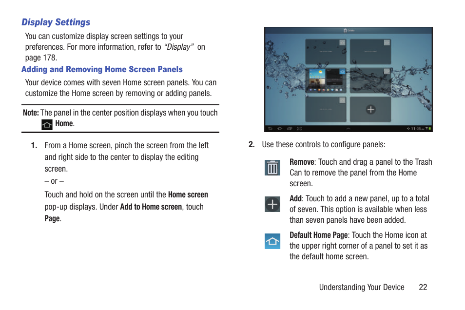 For more information, Refer to “adding and removing home screen panels | Samsung GT-P7510FKYXAR User Manual | Page 27 / 258