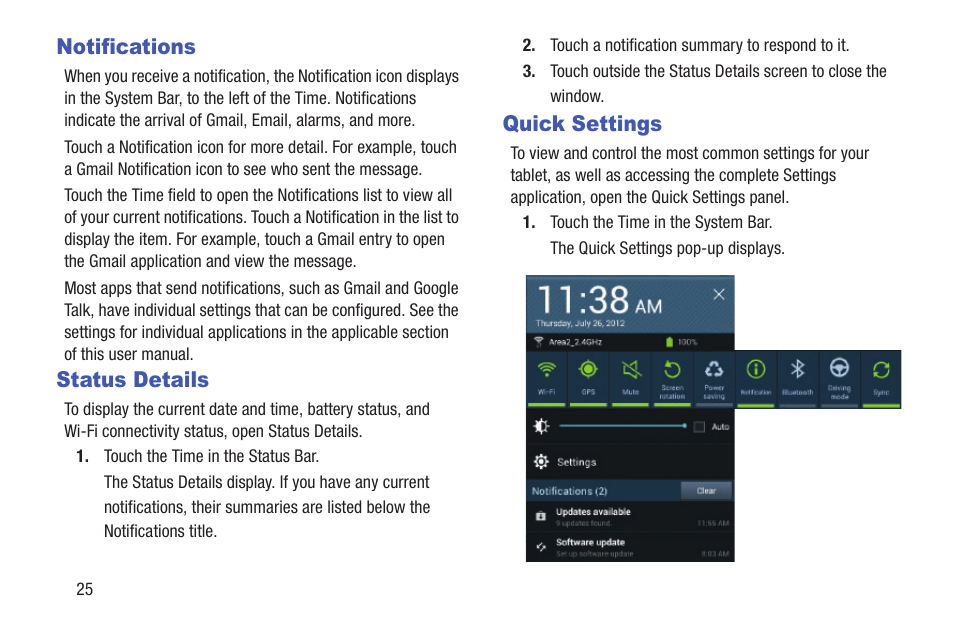 Notifications, Status details, Quick settings | Status details quick settings | Samsung GT-P7510FKYXAR User Manual | Page 30 / 258