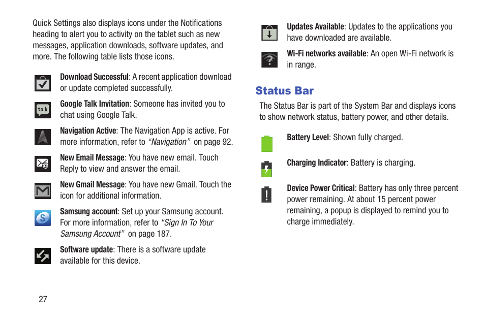 Status bar, Panel. for more information, refer to “status | Samsung GT-P7510FKYXAR User Manual | Page 32 / 258