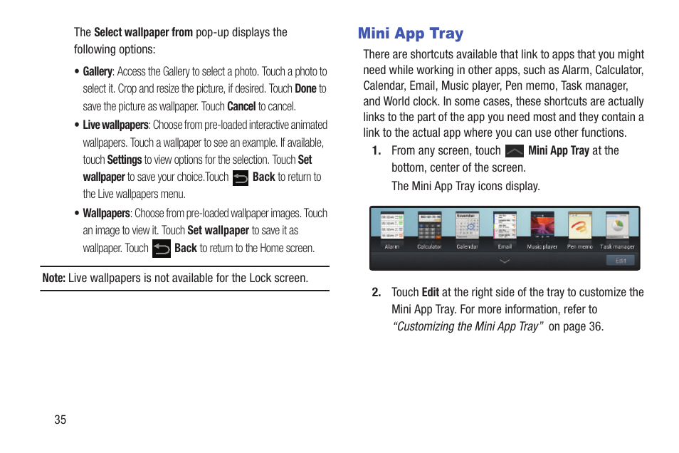 Mini app tray, For more information, refer to “mini app | Samsung GT-P7510FKYXAR User Manual | Page 40 / 258