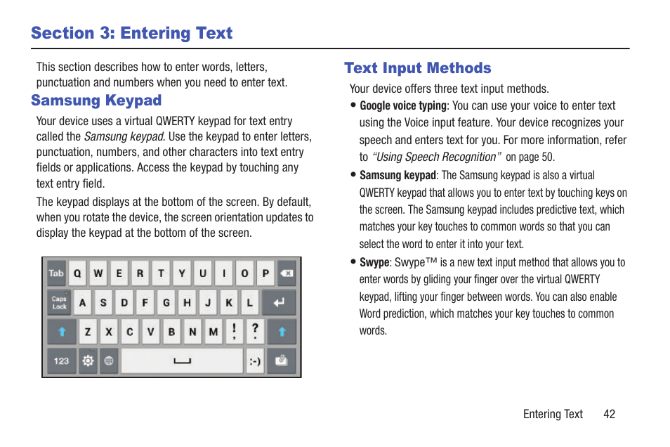 Section 3: entering text, Samsung keypad, Text input methods | Samsung keypad text input methods | Samsung GT-P7510FKYXAR User Manual | Page 47 / 258