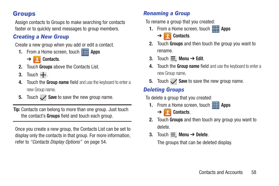 Groups, Up. for | Samsung GT-P7510FKYXAR User Manual | Page 63 / 258