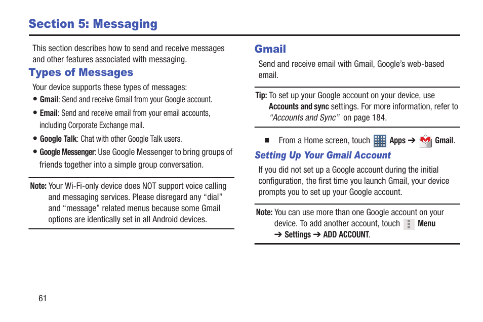 Section 5: messaging, Types of messages, Gmail | Types of messages gmail, For more, For more information, refer | Samsung GT-P7510FKYXAR User Manual | Page 66 / 258