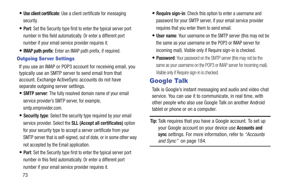 Google talk, Ttings. for | Samsung GT-P7510FKYXAR User Manual | Page 78 / 258