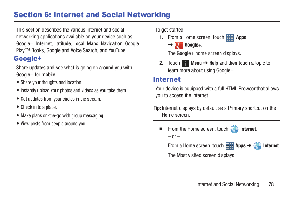 Section 6: internet and social networking, Google, Internet | Section 6: internet and social, Networking, Google+ internet, For more | Samsung GT-P7510FKYXAR User Manual | Page 83 / 258