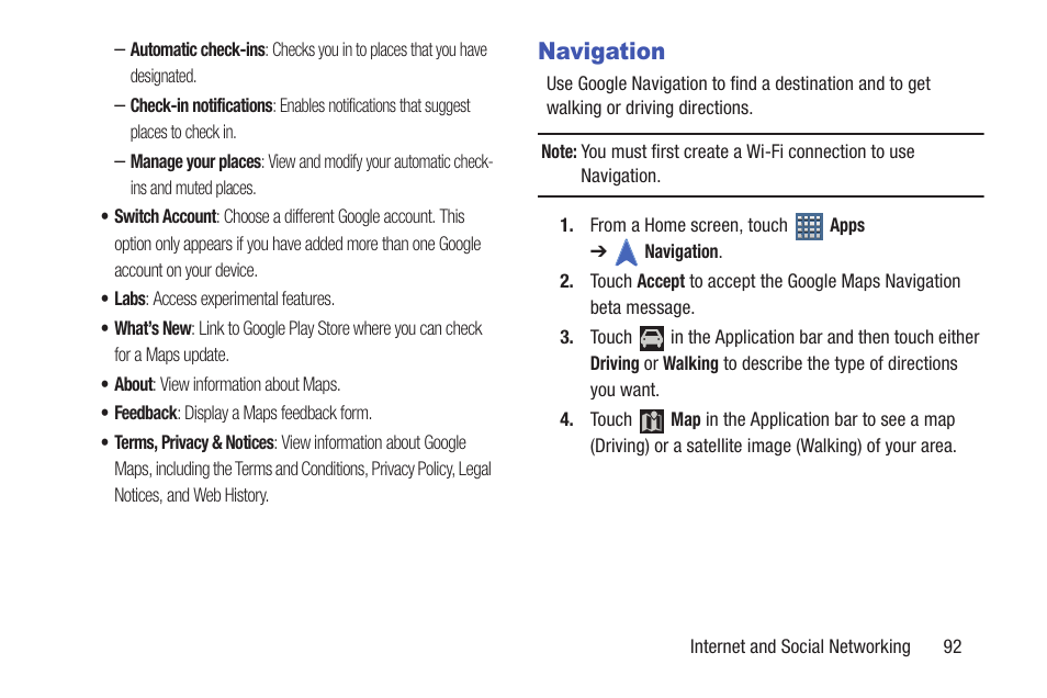 Navigation | Samsung GT-P7510FKYXAR User Manual | Page 97 / 258