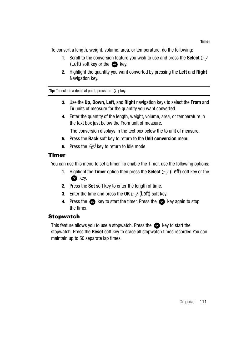 Timer stopwatch, Timer, Stopwatch | Samsung SGH-T639LSATMB User Manual | Page 112 / 162