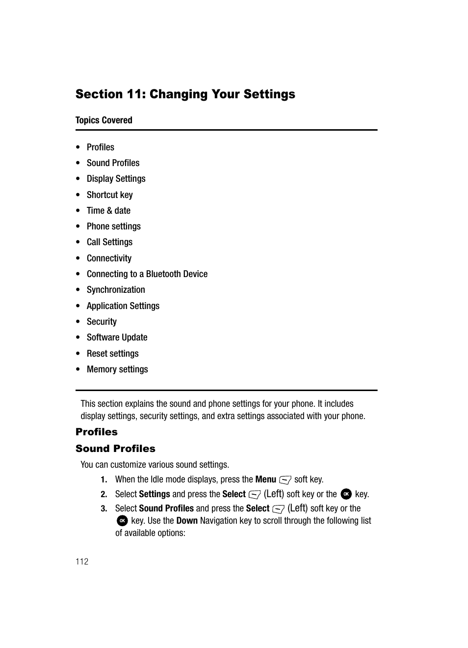 Section 11: changing your settings, Profiles sound profiles | Samsung SGH-T639LSATMB User Manual | Page 113 / 162