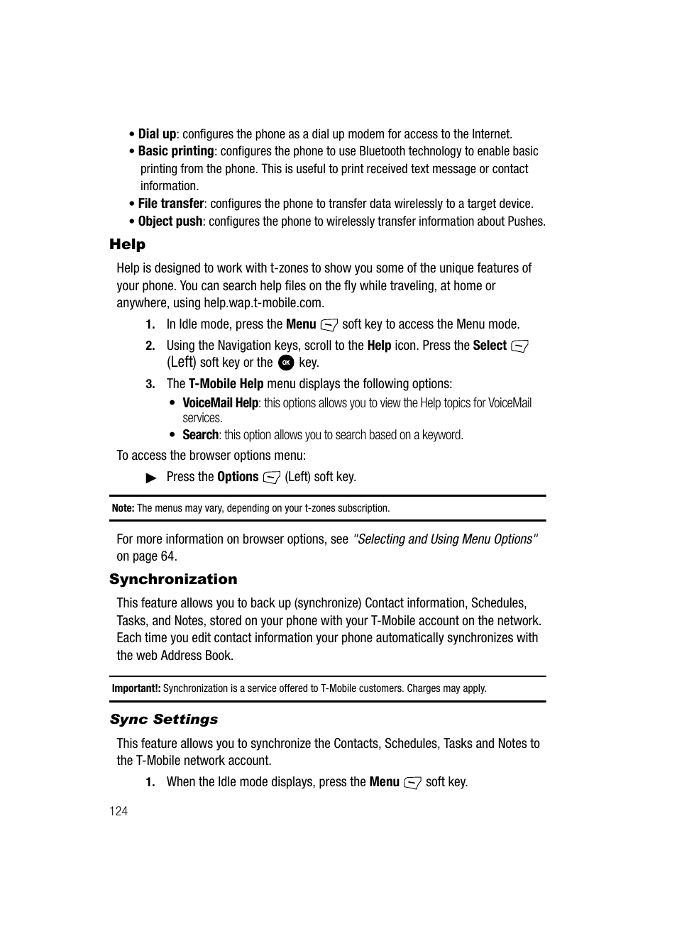 Help synchronization, Synchronization | Samsung SGH-T639LSATMB User Manual | Page 125 / 162