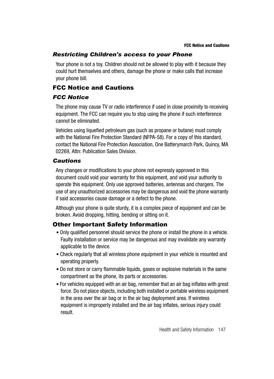 Fcc notice and cautions, Other important safety information | Samsung SGH-T639LSATMB User Manual | Page 148 / 162
