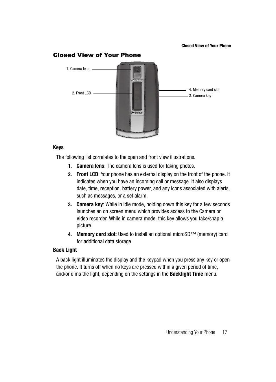 Closed view of your phone | Samsung SGH-T639LSATMB User Manual | Page 17 / 162